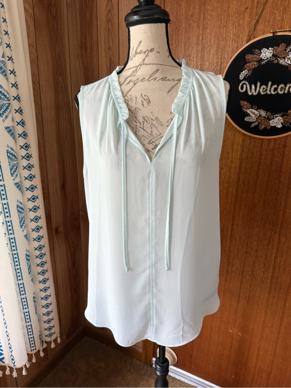 LOFT Pale Mint Ruffle Tie-Neck Sleeveless Top